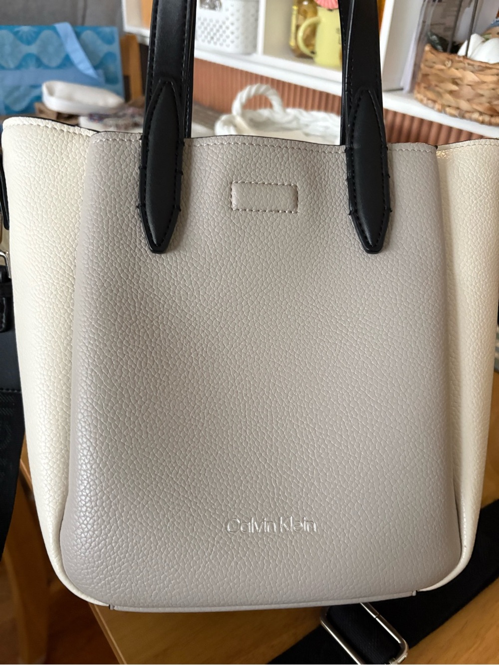 Calvin Klein Cream Crossbody Bag with Black Handles